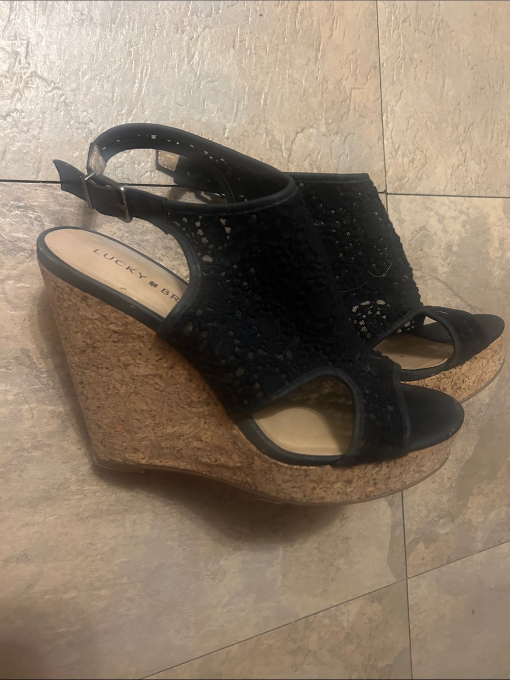 Lucky Brand Black Crochet Cork Wedge Sandals sz 7.5 8